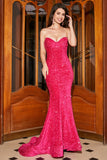 Vestido de cerimônia longo sereia rosa choque com lantejoulas