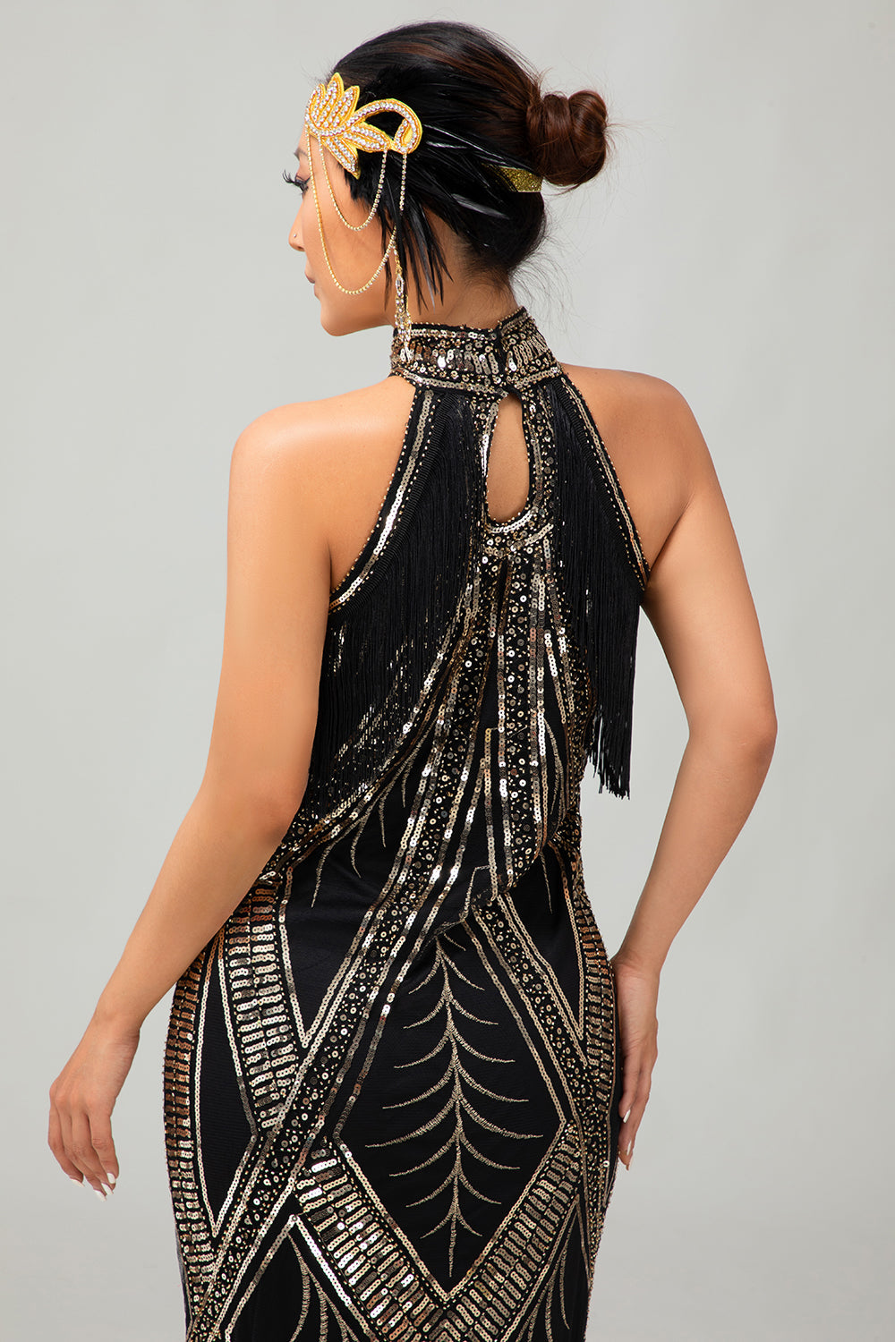 Bodycon Halter Preto Dourado Lantejoulas 1920s vestido com franjas