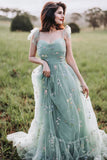 Verde Tule A-Line Espaghetti Correias Ruched Long Prom Dress com Bordado