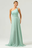 Verde brilhante A-Line um ombro Chiffon longo vestido de dama de honra