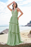 Verde Uma linha babado vestido longo da dama de honra floral com renda