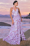 Chiffon roxo espartilho floral Halter vestido de dama de honra com fenda