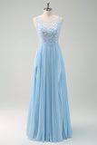 Sparkly Sky Blue Bateau Neck plissado longo vestido de dama de honra