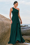 Verde escuro A-Line Um ombro Ruched longo vestido de dama de honra