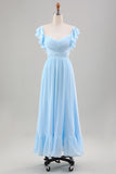 Sky Blue A Line Chiffon Vestido de Noiva com Mangas de Folhos