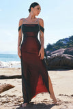 Preto vermelho sereia ombro frio longo vestido de dama de honra