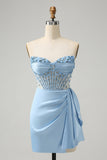 Sparkly Blue Bodycon Sweetheart Corset Homecoming Vestido com Missangas