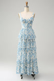 Espartilho Azul Branco Tiered Vestido de Casamento Floral Convidado