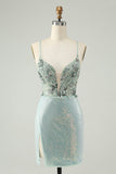 Glitter Dusty Green Tight Sequins V Pescoço Homecoming Dress