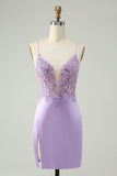 Glitter Roxo V Pescoço Apertado Sequined Appliques Homecoming Dress