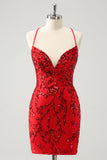 Sparkly Floral Red Tight Short Homecoming Dress com lantejoulas