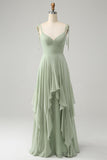 Matcha A-Line Esparguete Alças Chiffon Vestido Madrinha com Folhos