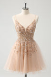 Blush A Line Espaghetti Correias Vestido de Lantejoulas Tule Homecoming
