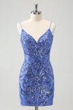 Azul Backless Spaghetti Correias Apertado Homecoming Dress com Sequins