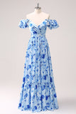 Azul Off The Shoulder Floral Uma Linha Vestido Madrinha