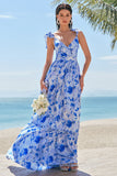 Off The Shoulder Floral Azul Uma Linha Chiffon Vestido Madrinha