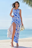 Vestido de dama de honra azul floral Chiffon com babados
