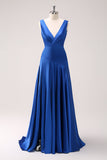 Tinta azul V-neck cetim vestido de dama de honra com fenda