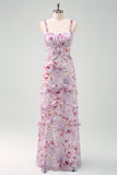 Cinzento Roxo Sereia Esparguete Correias Vestido Longo Floral Madrinha