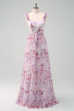 A-Line Cinza Roxo Esparguete Correias Vestido Longo Floral Madrinha