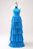 Vestido de dama de honra Chiffon azul com flor