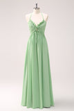 Verde claro Uma linha Halter Backless Lace Up Long Bridesmaid Dress