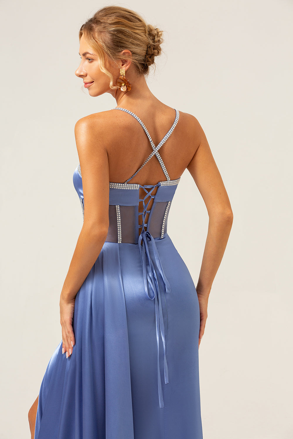 Brilhante azul sereia espaguete correias espartilho vestido de baile com renda para trás