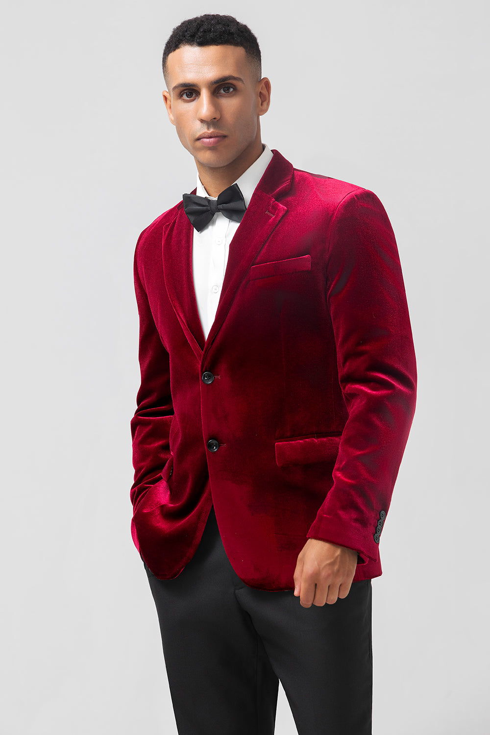 Borgonha Notched Lapel Velvet Single Breasted Blazer Masculino
