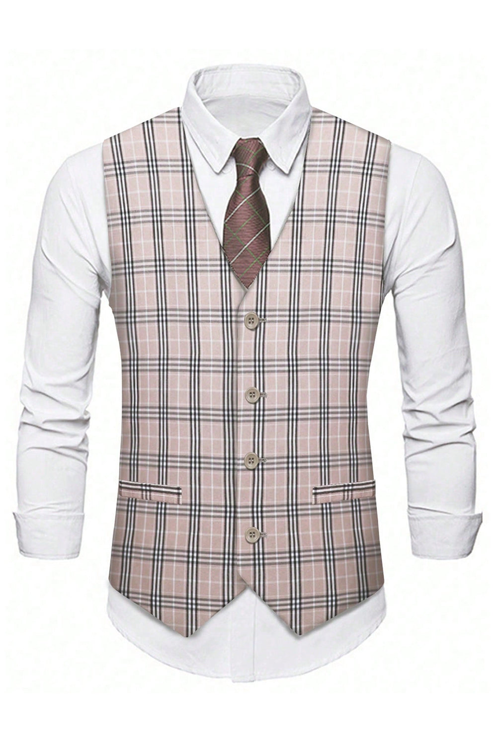 Luz Khaki Plaid Notched Lapela 3 Peças Ternos Masculinos