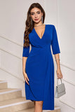 Royal Blue Bodycon V-Neck Vestido de Festa Plissado Cocktail