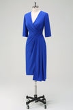 Royal Blue V-Neck plissado bodycon cocktail vestido de festa