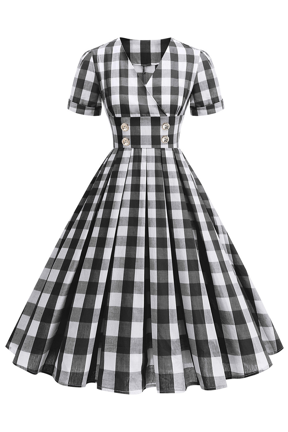 Preto V Neck Plaid Vintage 1950s Vestido