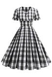 Preto V Neck Plaid Vintage 1950s Vestido
