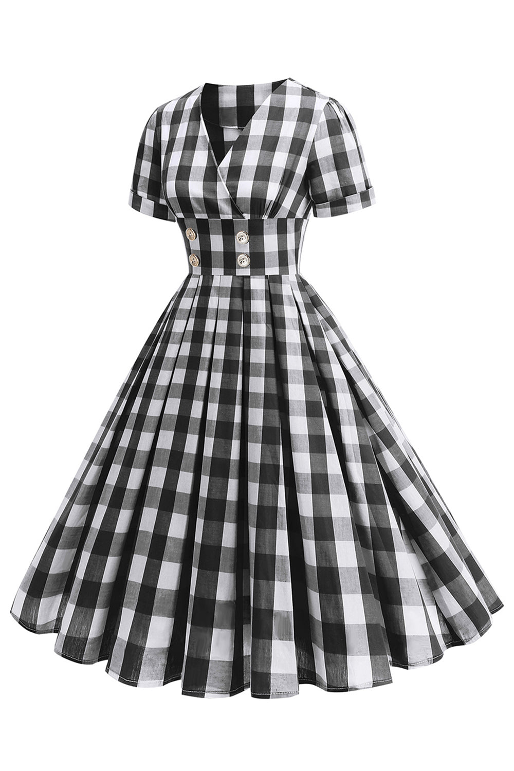 Preto V Neck Plaid Vintage 1950s Vestido