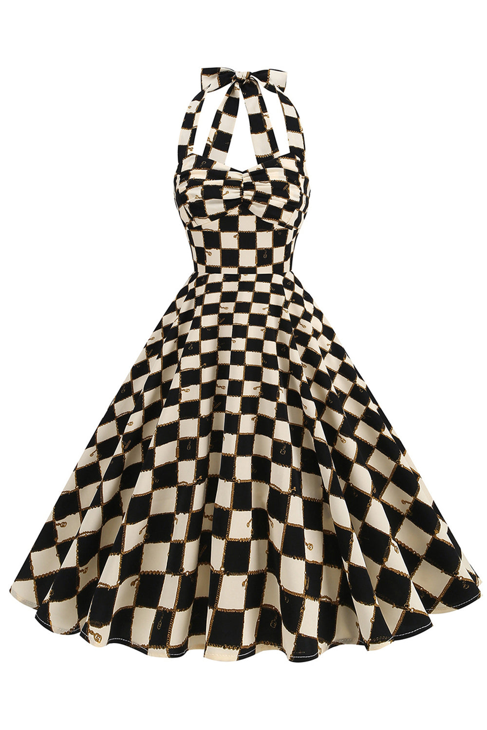 Black Grid Plaid Halter Vestido Vintage Curto dos anos 1950