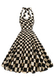 Black Grid Plaid Halter Vestido Vintage Curto dos anos 1950