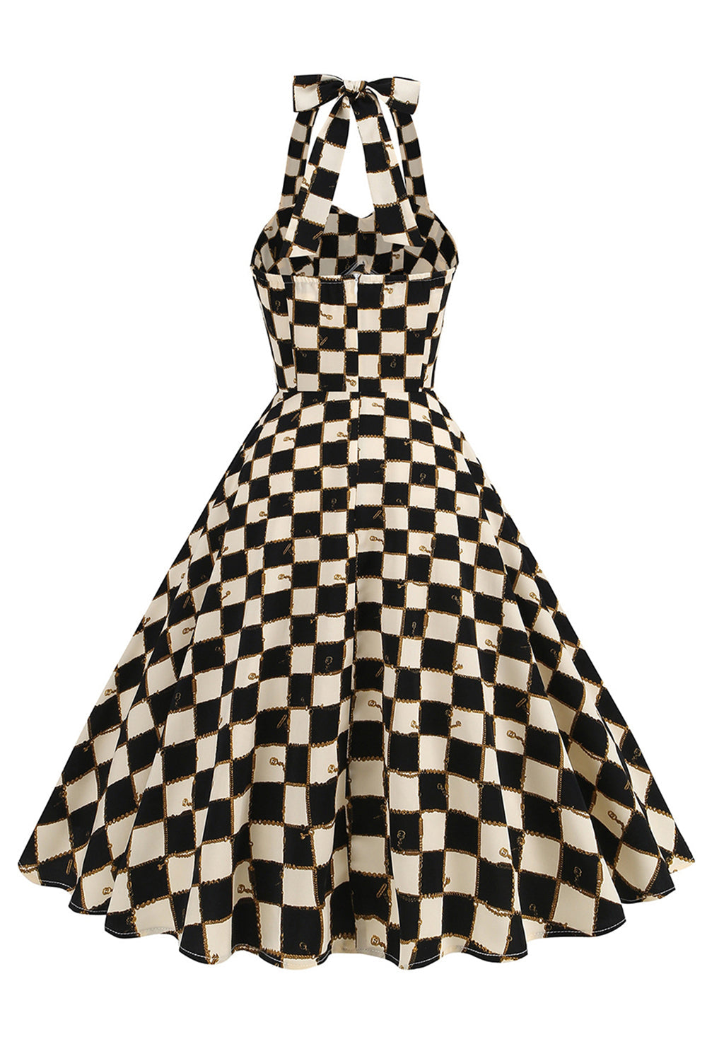 Black Grid Plaid Halter Vestido Vintage Curto dos anos 1950