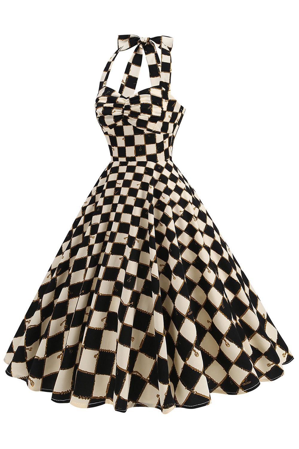 Black Grid Plaid Halter Vestido Vintage Curto dos anos 1950