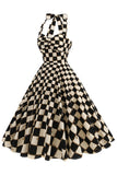 Black Grid Plaid Halter Vestido Vintage Curto dos anos 1950
