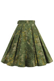 1950s Exército Verde Floral plissado Swing Saia