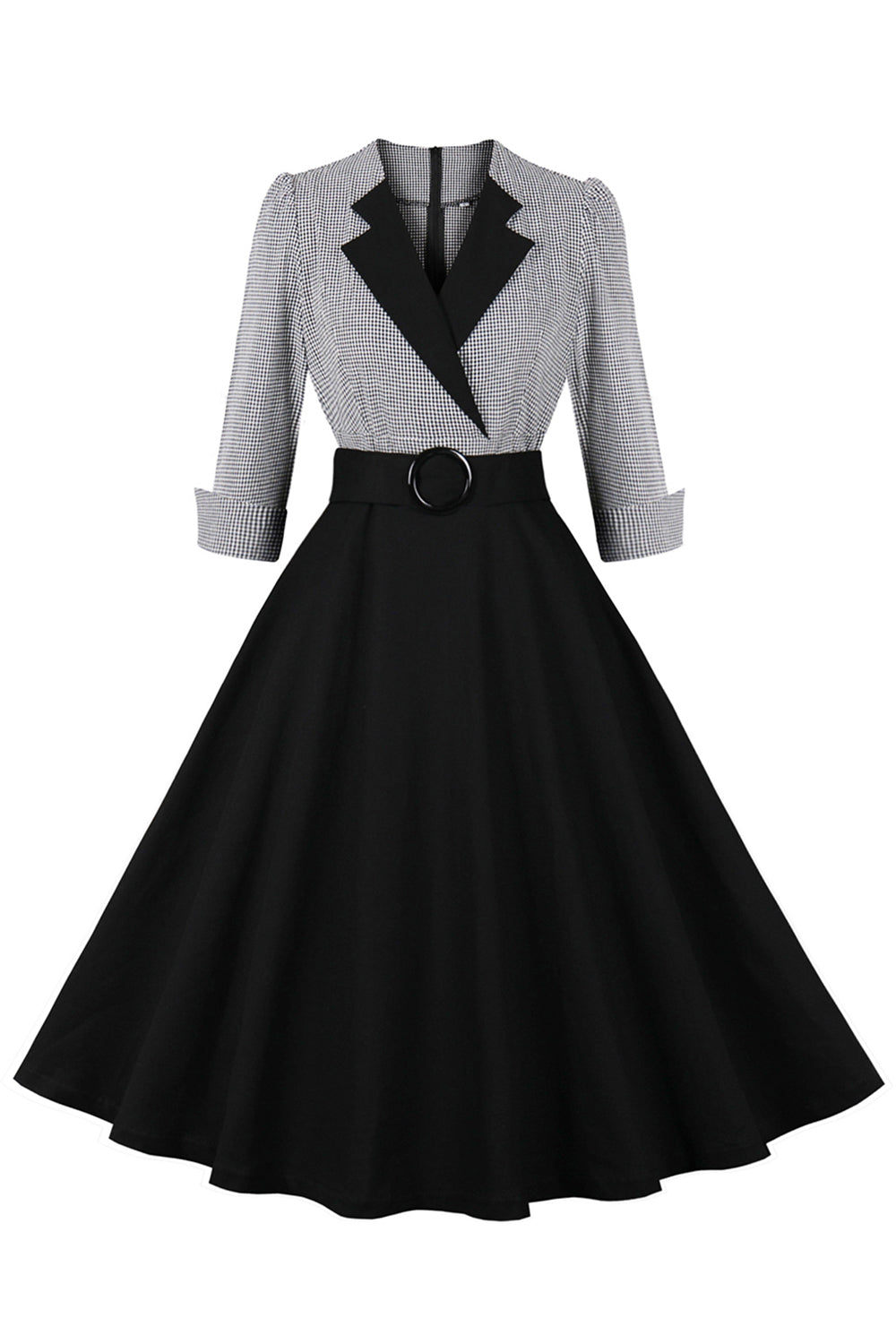Vestido preto de lapel neck plaid vintage 1950