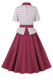 roxo vermelho xadrez mangas curtas swing vestido dos anos 1950