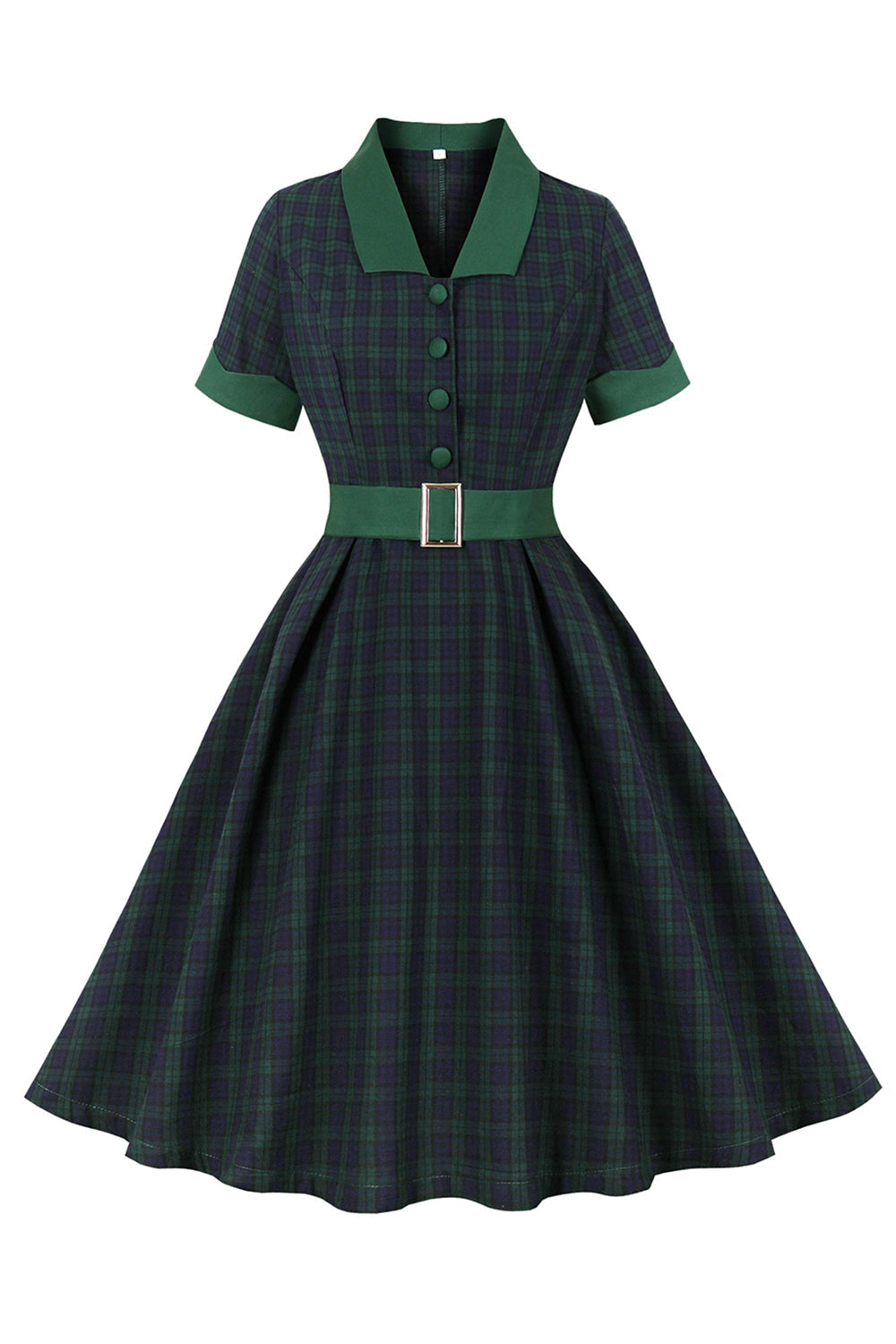 Vestido de cinto xadrez verde marinho dos anos 1950