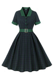 Vestido de cinto xadrez verde marinho dos anos 1950