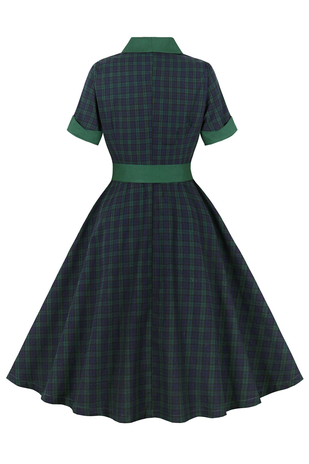 Vestido de cinto xadrez verde marinho dos anos 1950