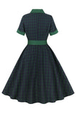 Vestido de cinto xadrez verde marinho dos anos 1950