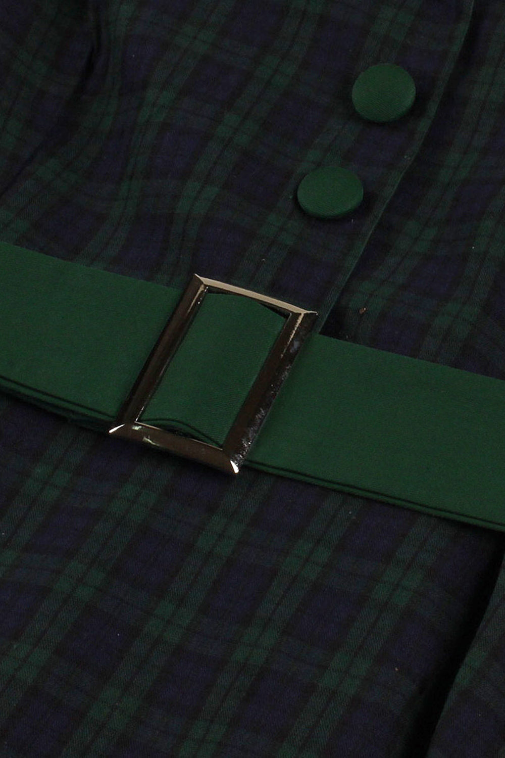 Vestido de cinto xadrez verde marinho dos anos 1950