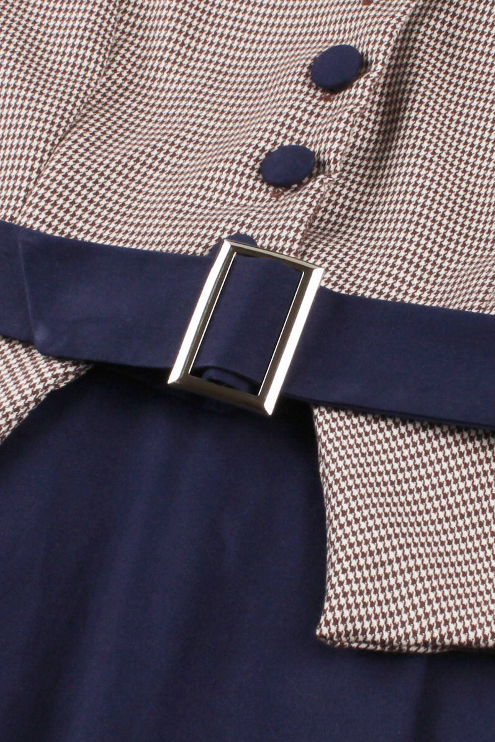 Navy Houndstooth Belted Mangas Longas Vestido dos anos 1950
