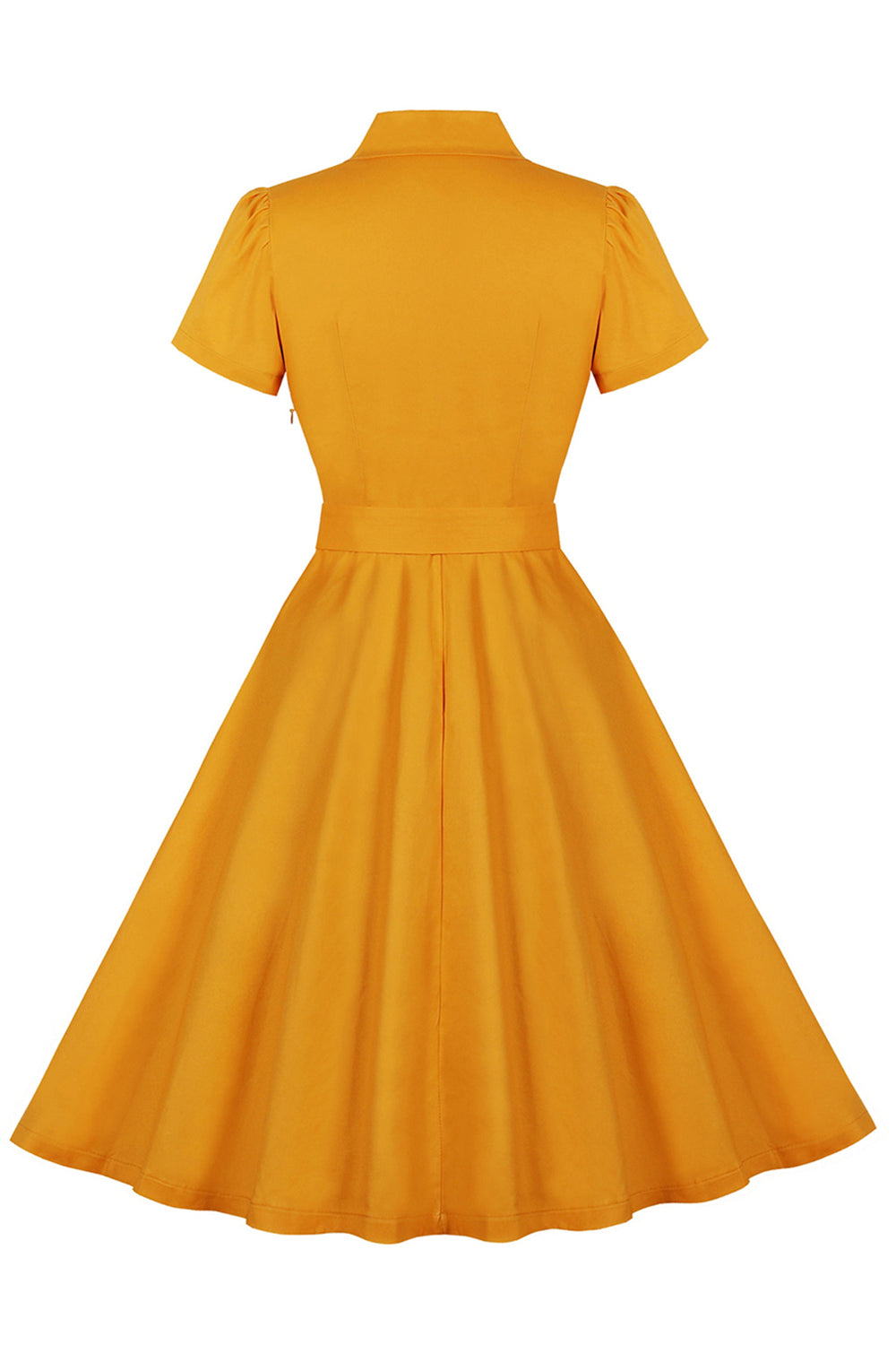 Yellow Ruffled Notched Lapel Belted Bows 1950s Vestido com bolsos