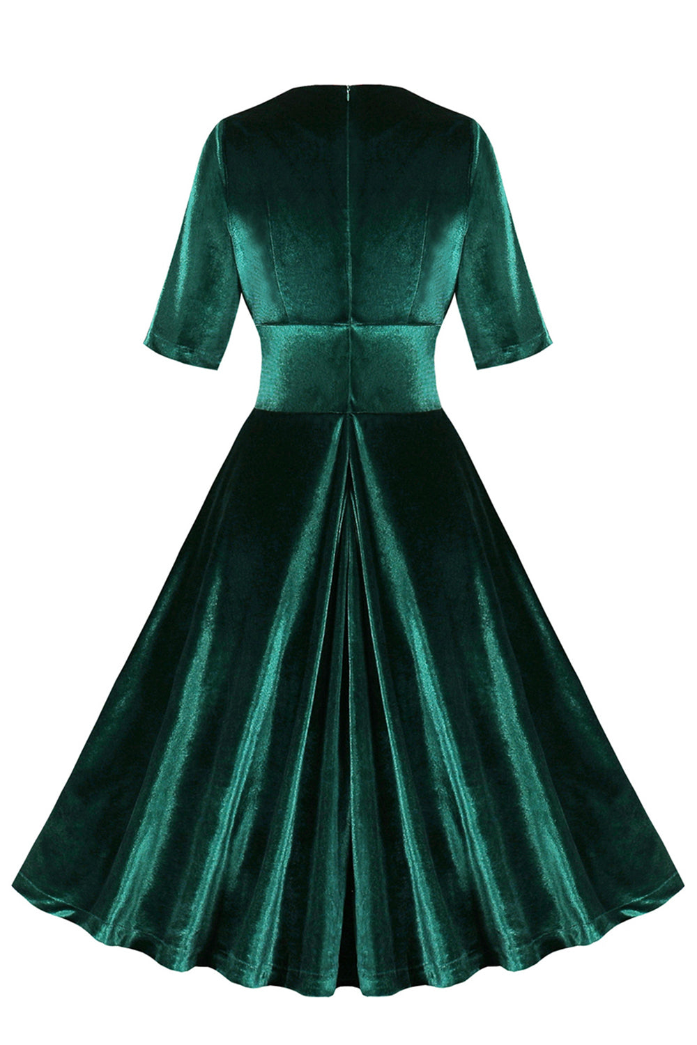 Veludo Verde Escuro V Neck Vestido babado dos anos 1950